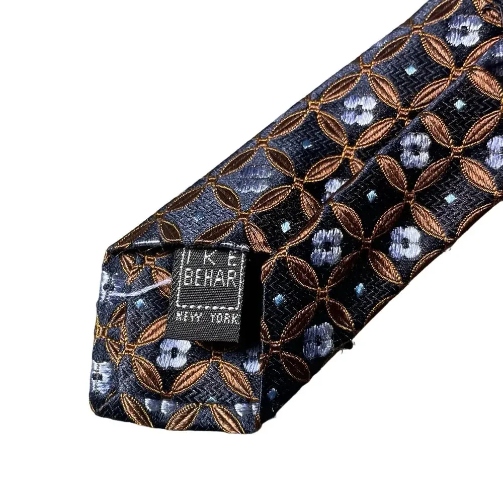 Ike Behar 100% Silk Tie Necktie Jacquard Hand Tailored Floral Blue Brown Classic